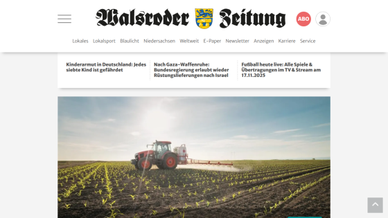 Walsroder Zeitung website header with navigation and news headlines about child poverty, Gaza arms ban, and live football coverage, plus a hero image of a tractor spraying a field.