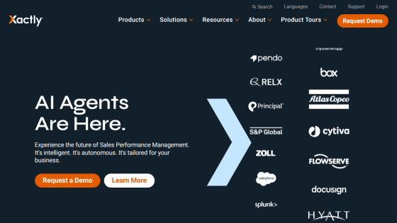 Xactly's homepage featuring AI Agents announcement and partner logos.