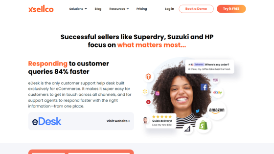 Website promoting eDesk for faster customer query responses, featuring a smiling woman and key text.