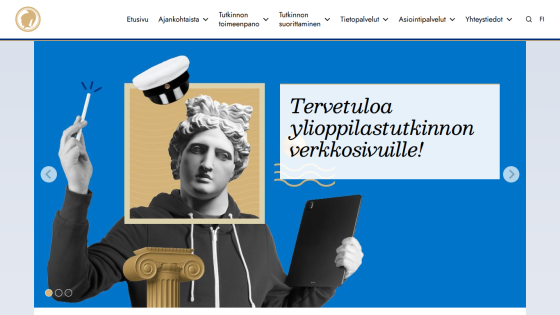 Welcome message on a university examination website with a statue holding a tablet and a graduation cap