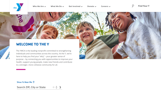 Welcome message for the YMCA with smiling children and a call to action for location search.