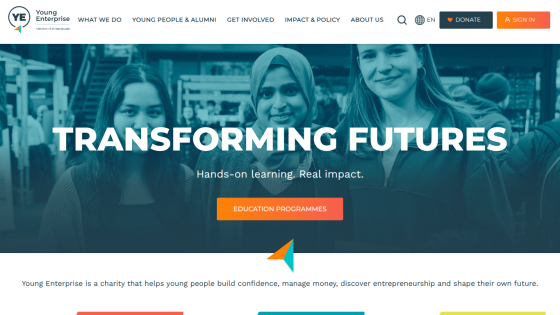 Young Enterprise homepage with headline Transforming Futures and call to action for education programmes