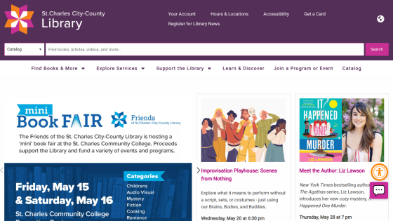 St. Charles City-County Library homepage featuring events and services.