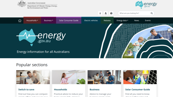 Energy information website for Australians with sections on household, business, and solar consumer guides.