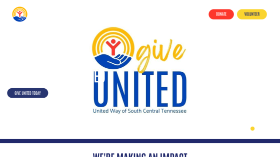 Homepage with a blue header featuring navigation links and a large hero section with a headline and call-to-action button