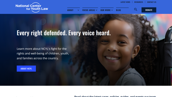National Center for Youth Law homepage with slogan about defending rights and a smiling child, plus navigation and donate button