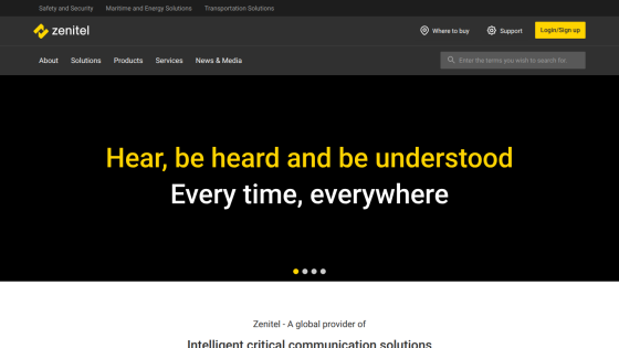 Zenitel website with navigation and hero text promoting intelligent critical communication solutions