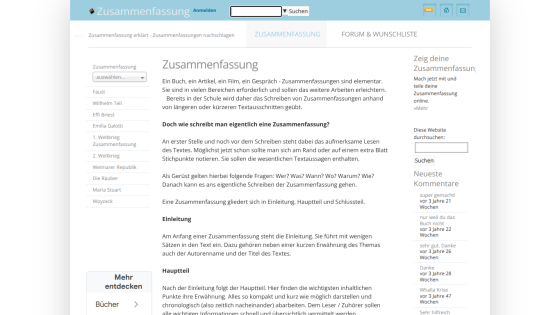 Overview section titled 'Zusammenfassung' with introductory text and navigation links.