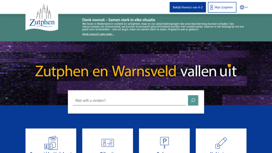 Zutphen municipal website with safety message, search bar, and navigation options