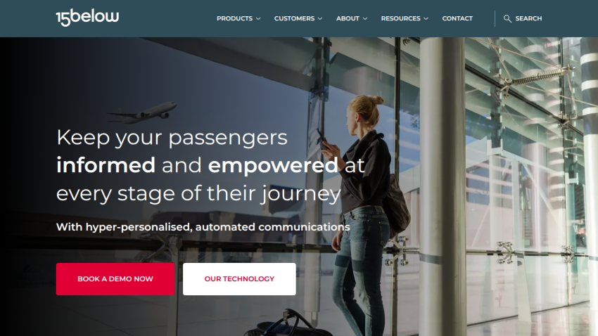 15below website hero with message about keeping passengers informed and empowered, featuring demo and technology buttons