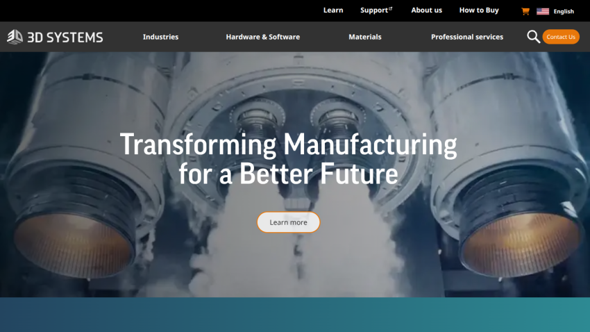 Homepage of 3D Systems featuring a tagline about transforming manufacturing.