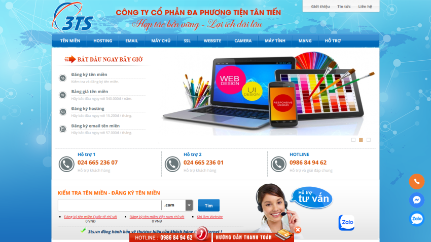 Website homepage offering domain registration, hosting, email, and support with contact hotlines and consultation service