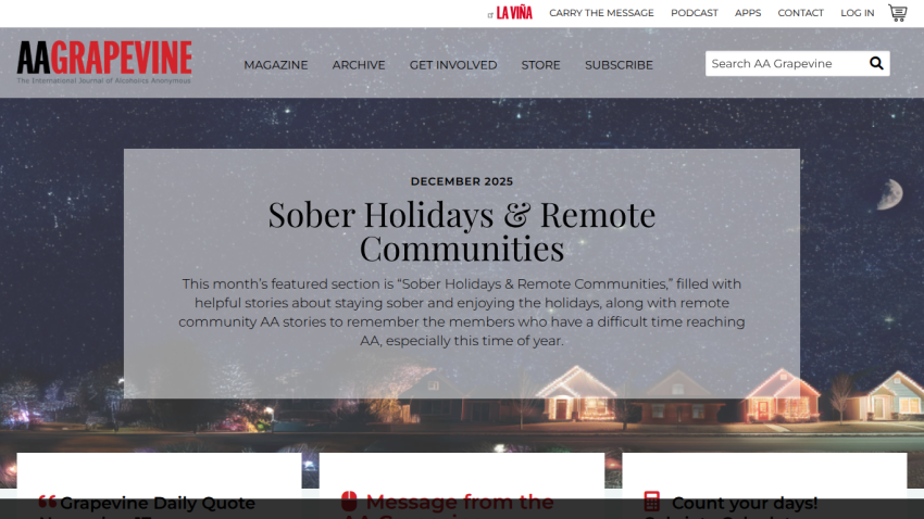 AA Grapevine homepage featuring December 2025 theme on sober holidays and remote communities with navigation and search bar