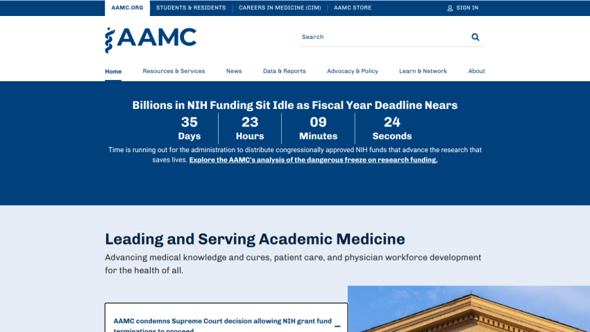 AAMC website showing funding deadline countdown and mission statement on academic medicine.