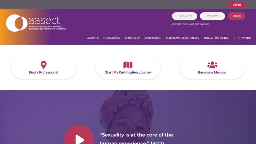 Homepage of AASECT featuring navigation and key sections for professionals and certification.