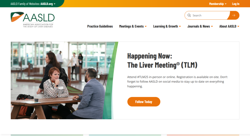 AASLD website promoting the Liver Meeting with a call to action to follow today, featuring a woman working on a laptop in a cafe.
