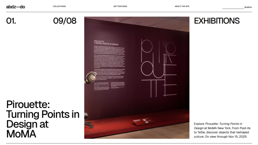 Exhibition title 'Pirouette: Turning Points in Design at MoMA' on a red wall with descriptive text.