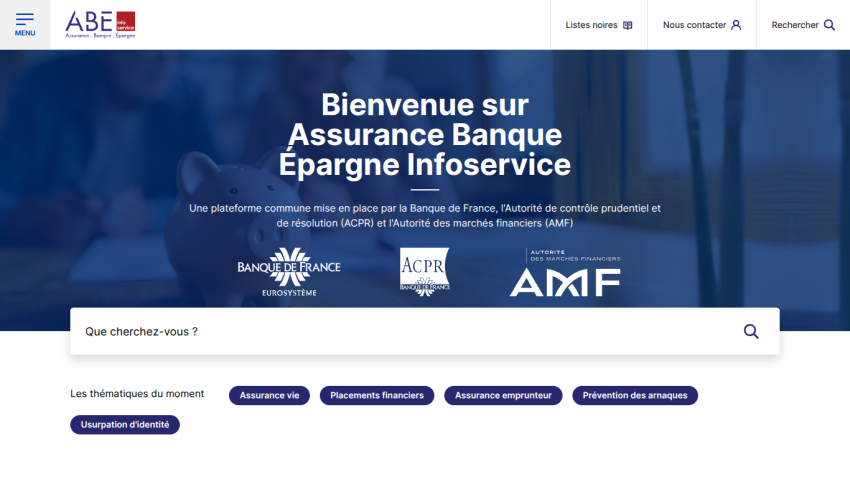 Homepage of Assurance Banque Épargne Infoservice with welcome message, partner logos, and search bar for financial topics