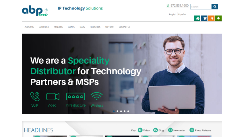 Homepage of ABP Technology showcasing their services with a smiling man holding a laptop.