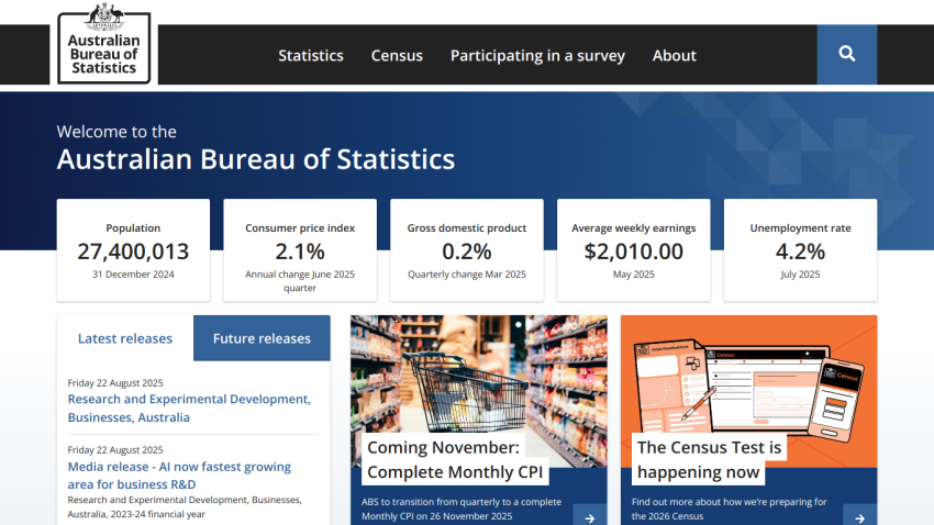 Homepage of the Australian Bureau of Statistics showing key statistics and upcoming events.