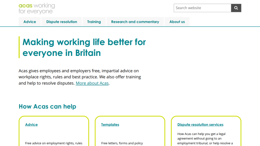 Homepage of Acas with a tagline about improving working life in Britain and sections on advice and templates.
