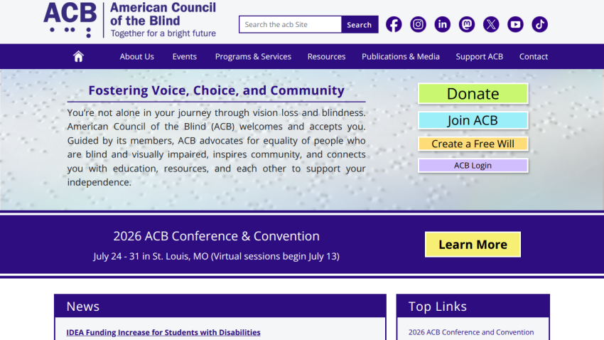 ACB website header with navigation, mission statement, and conference details.