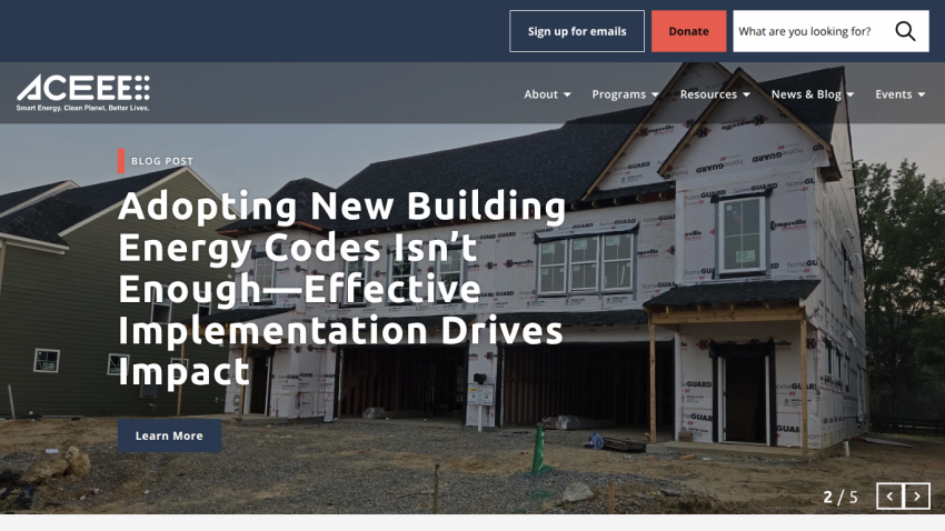 Homepage featuring a house under construction with a headline about building energy codes.