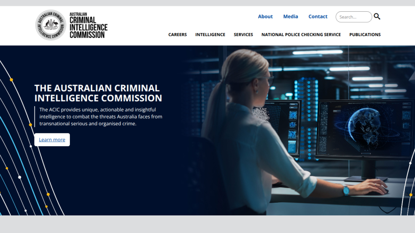 Australian Criminal Intelligence Commission homepage with navigation and hero section describing its mission against transnational crime.