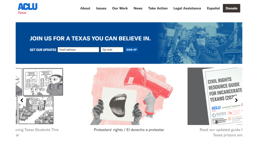 ACLU Texas website with navigation menu, call to join for updates, and featured content on civil rights and protests