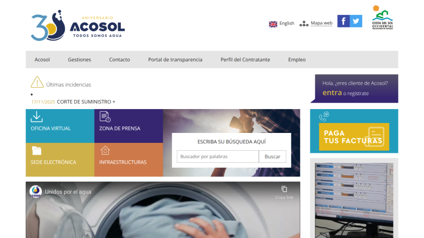 Acosol water service homepage with navigation menu, search bar, virtual office links, and a video titled 'Unidos por el agua'