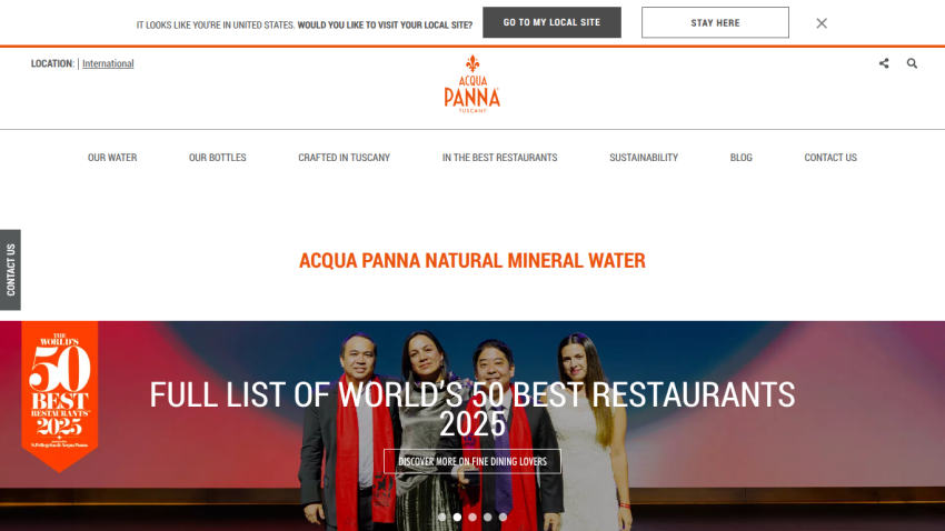 Acqua Panna website featuring navigation and hero section promoting the full list of World's 50 Best Restaurants 2025