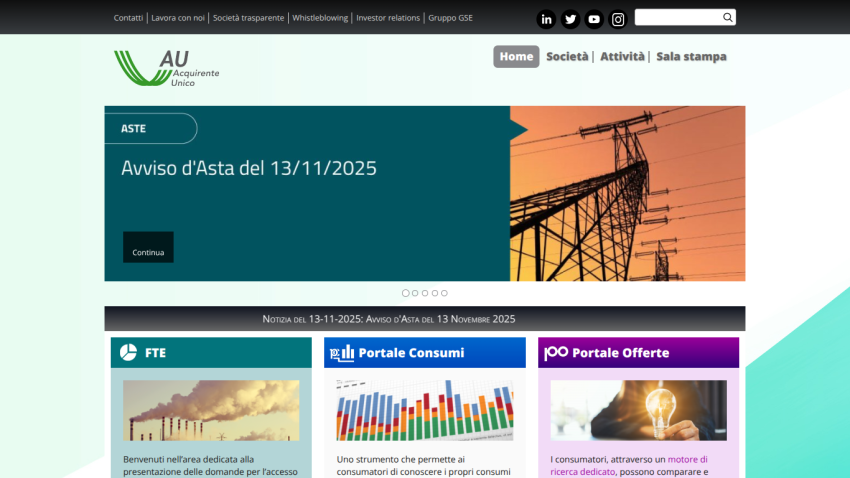 Website homepage with auction notice dated 13/11/2025, navigation menu, and sections for FTE, Portale Consumi, and Portale Offerte