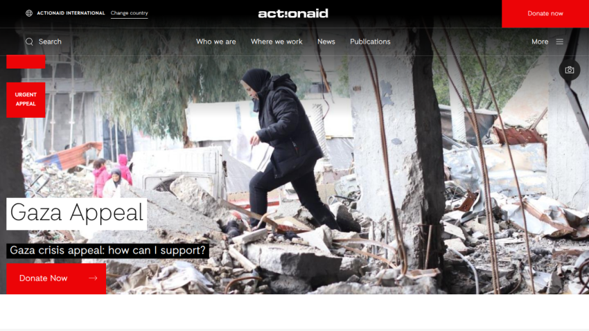 Gaza Appeal section with a call to action for donations and a supporting image.