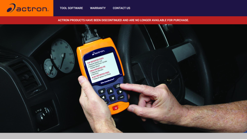 Actron website showcasing a diagnostic tool in use, with key product information displayed.