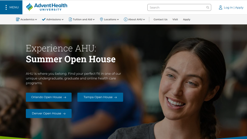 Promotional banner for Summer Open House at AdventHealth University with a smiling woman.