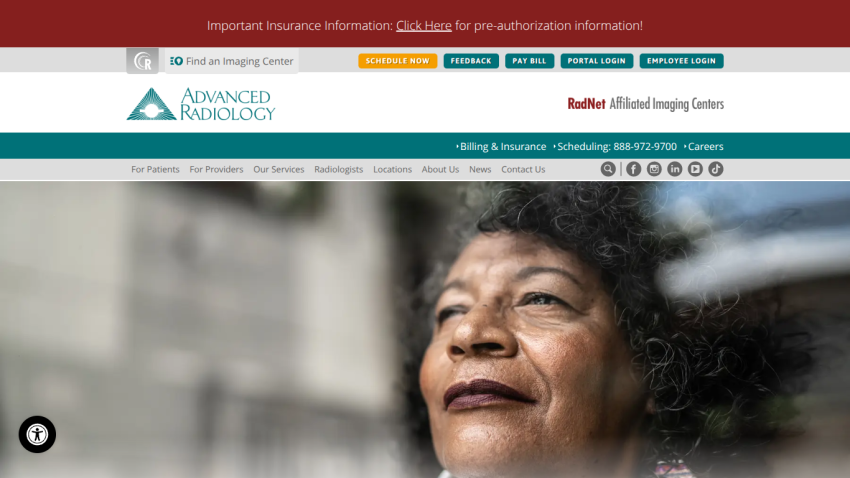 Advanced Radiology website header with navigation, contact info, and hero image of a thoughtful woman