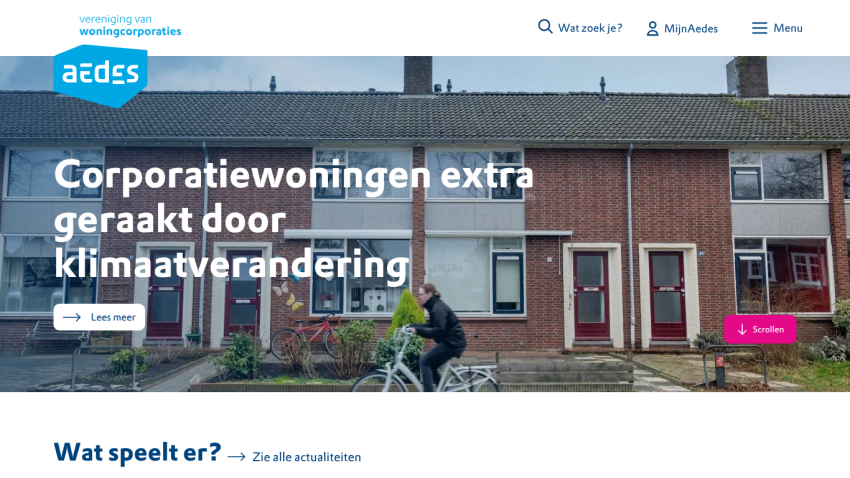 Homepage of Aedes with headline about corporate housing affected by climate change and navigation options