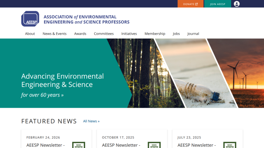 Homepage of the Association of Environmental Engineering and Science Professors featuring news and mission statement.