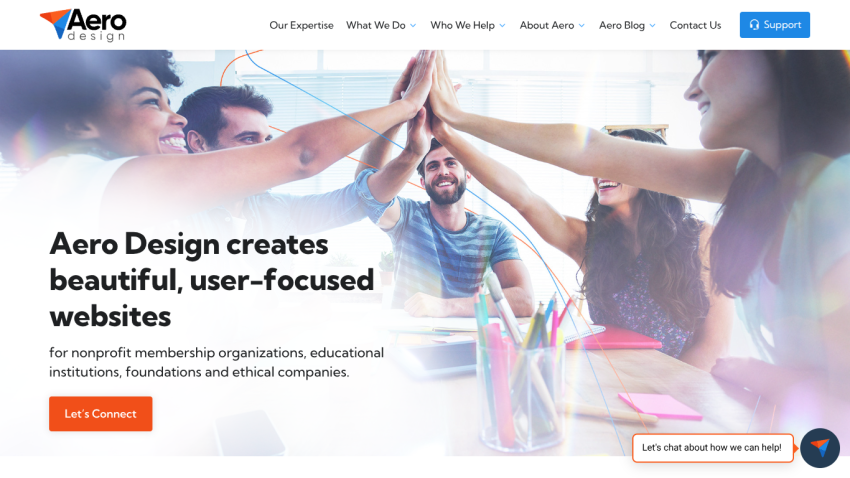 Aero Design homepage with headline about creating user-focused websites and a call to action button