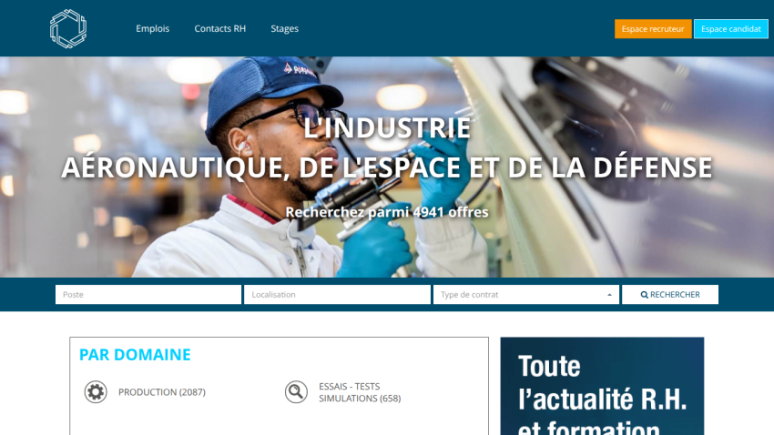 Homepage featuring aerospace and defense industry information with a search bar.