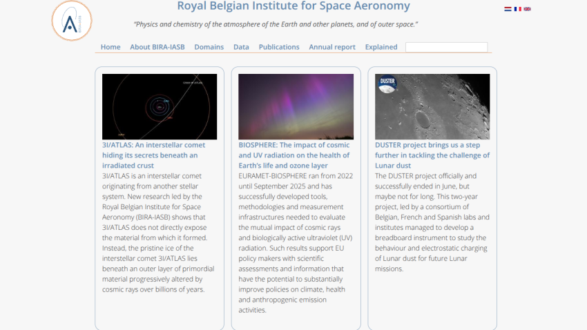 Royal Belgian Institute for Space Aeronomy homepage with navigation and articles on interstellar comet, cosmic radiation impact, and lunar dust project