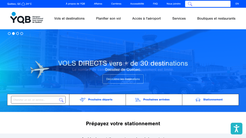 Jean-Lesage International Airport Quebec homepage with direct flights to 30 destinations and flight search options