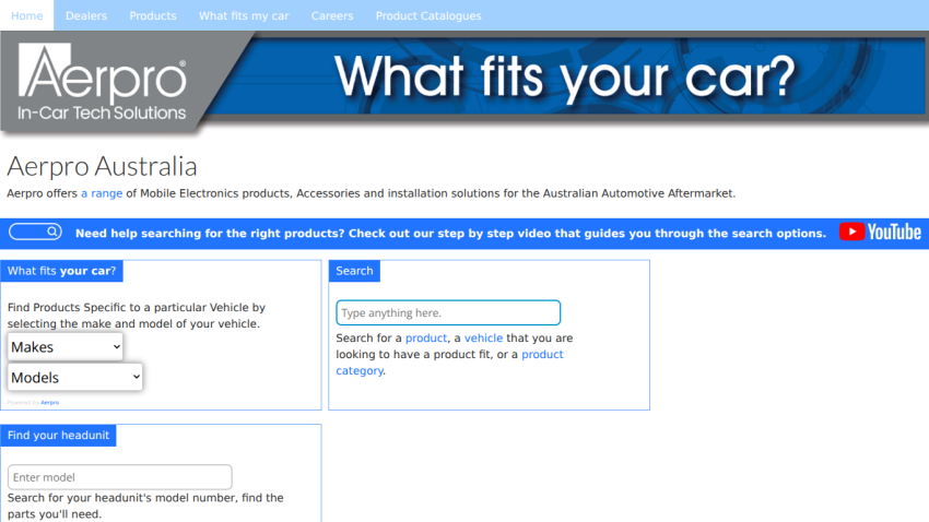 Aerpro Australia homepage with navigation, product search, and vehicle-specific dropdown filters for mobile electronics.