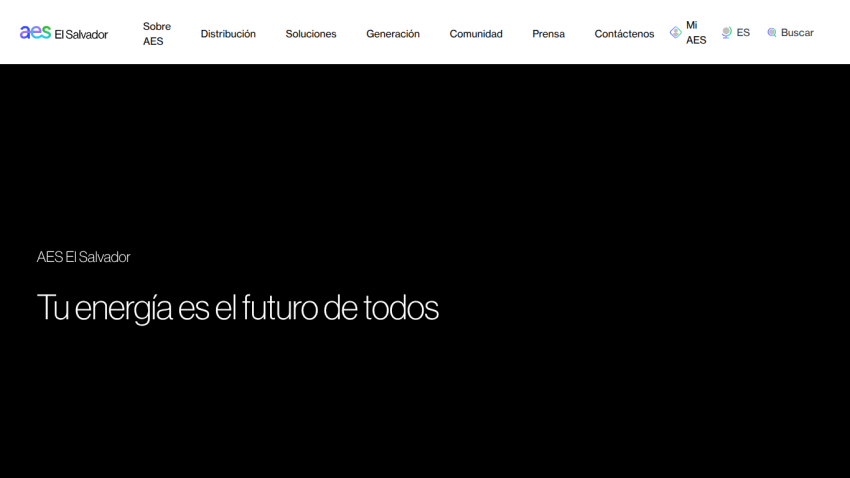 AES El Salvador website header and hero with slogan 'Tu energía es el futuro de todos'