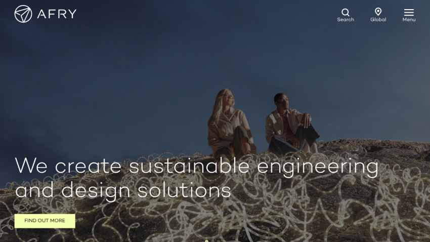 Homepage of AFRY showcasing sustainable engineering and design solutions with two people sitting on a rock.