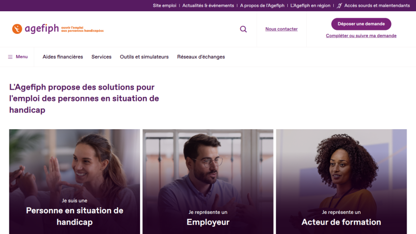 Homepage of Agefiph offering employment solutions for people with disabilities, featuring three main sections.