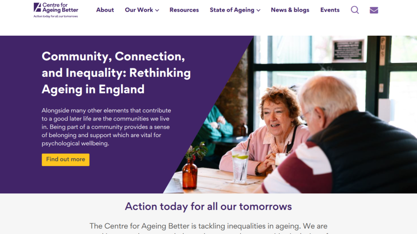 Centre for Ageing Better homepage with headline on rethinking ageing in England and navigation menu.