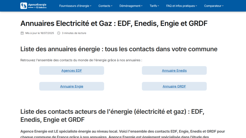 Energy directory listing contacts for EDF, Enedis, Engie, and GRDF with navigation menu and article date