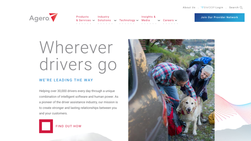 Agero homepage hero section with headline 'Wherever drivers go' and a smiling woman using a smartphone