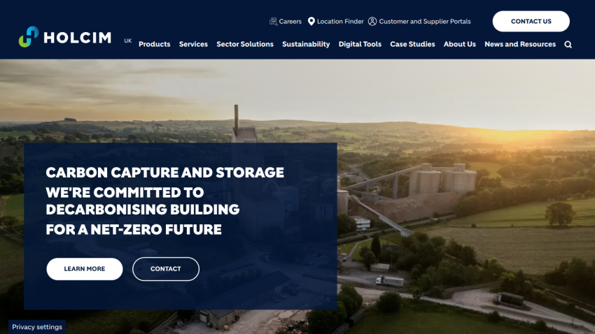 Holcim website header with navigation and hero section promoting carbon capture and storage for a net-zero future